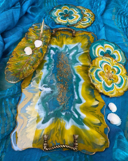 Unique Tray Set with Coasters | Handcrafted Luxury Serving Combo