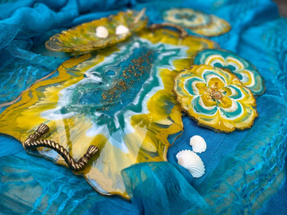 Unique Tray Set with Coasters | Handcrafted Luxury Serving Combo