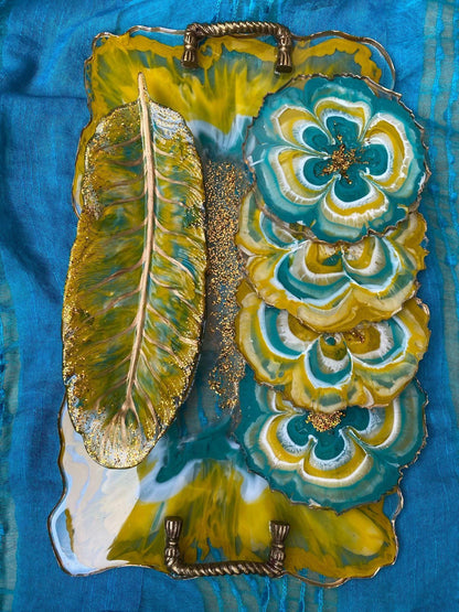 Unique Tray Set with Coasters | Handcrafted Luxury Serving Combo