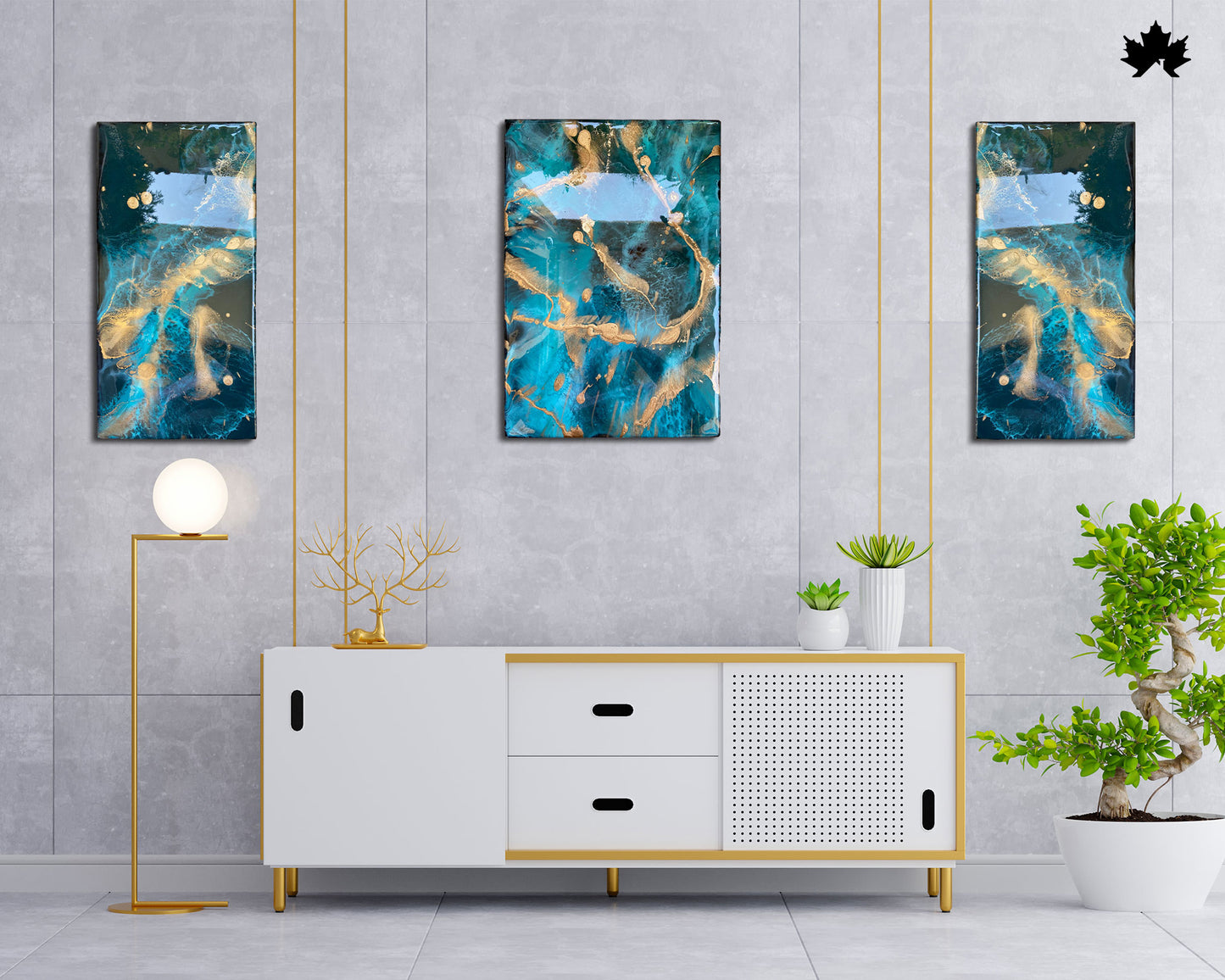 Azure Gold Triptych – Resin Modern Wall Art for Living Room | Fankaarlok