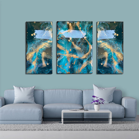 Azure Gold Triptych – Resin Modern Wall Art for Living Room | Fankaarlok