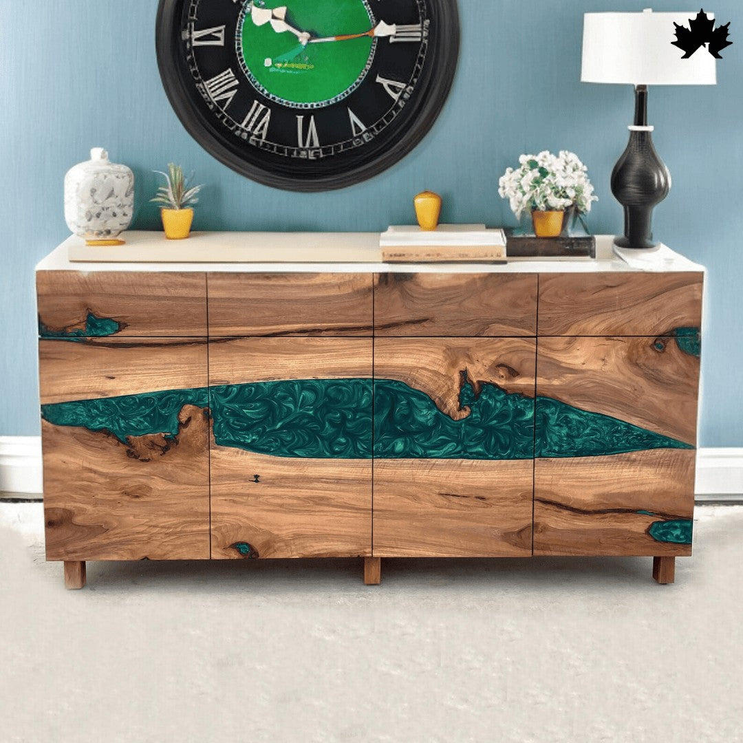 Console Cabinet for Living Room – Premium Wood & Green Epoxy Storage Unit | Fankaarlok
