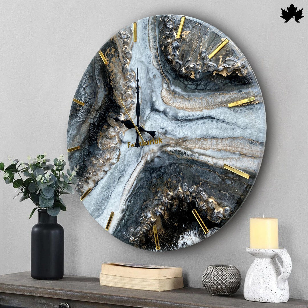 Black & Gold Resin Art Clock – Modern Designer Wall Clock by Fankaarlok