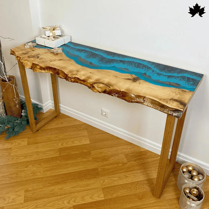 Unique Hallway Entry Console – Live Edge Wood & Blue Resin Table | Fankaarlok