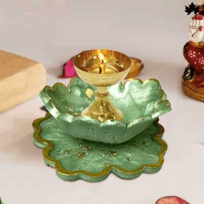 Decorative Diya for Pooja in Green & Gold Floral Base | Fankaarlok - Fankaarlok