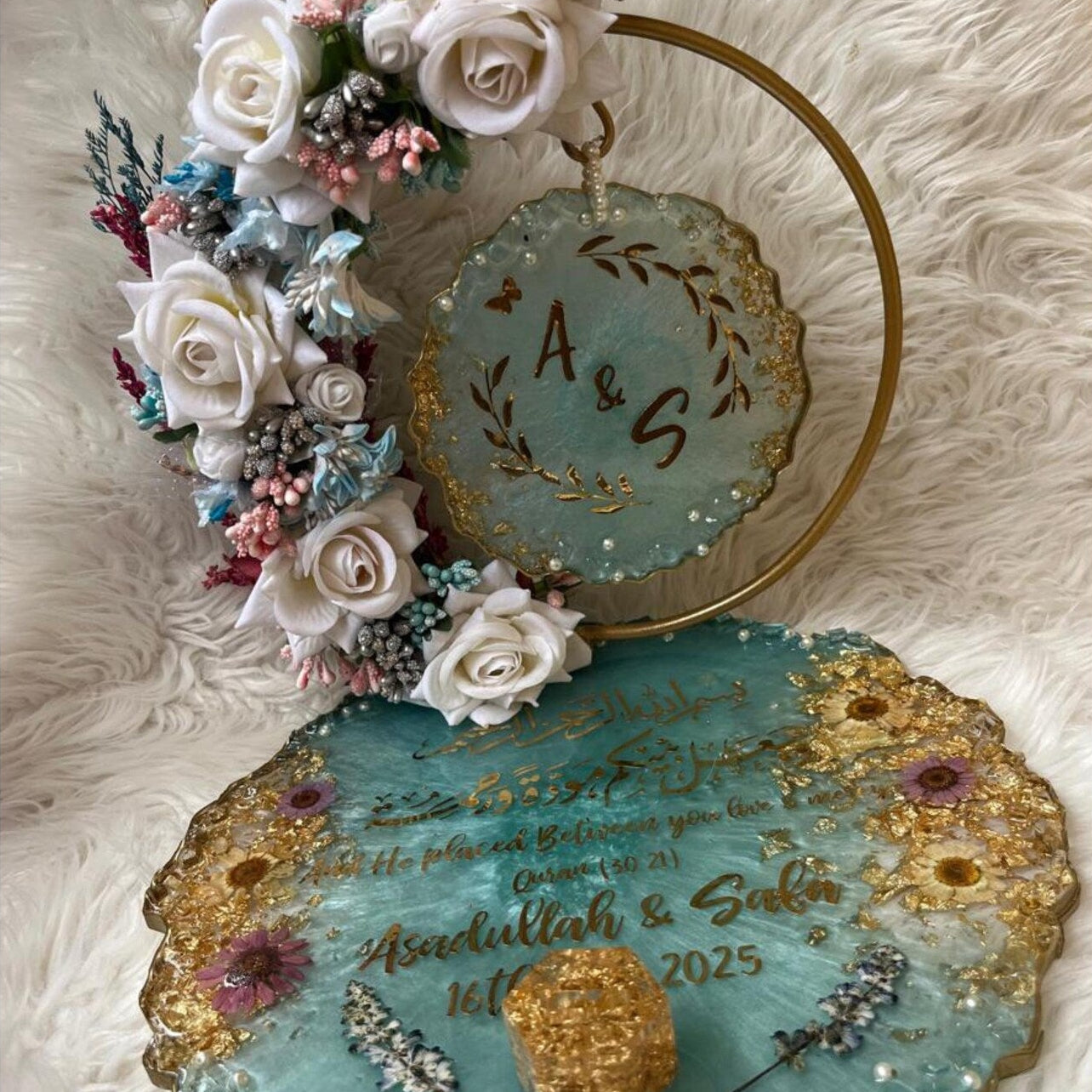 Resin Floral Luxury Ring Holder – Aqua Gold Custom Design | Ring Ceremony Tray by Fankaarlok