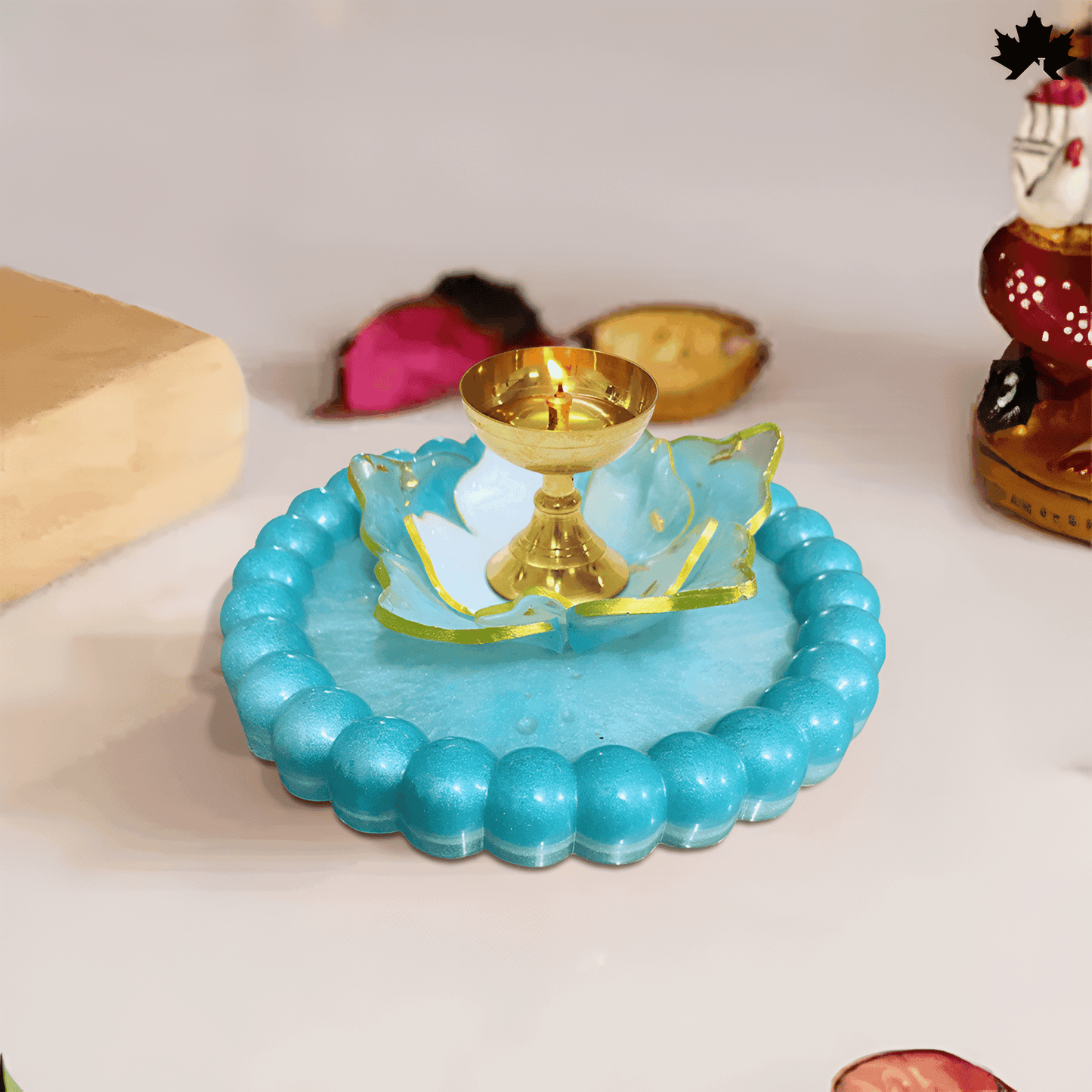 Diwali Decorative Diya Set with Brass Diya & Blue Floral Base | Fankaarlok - Fankaarlok