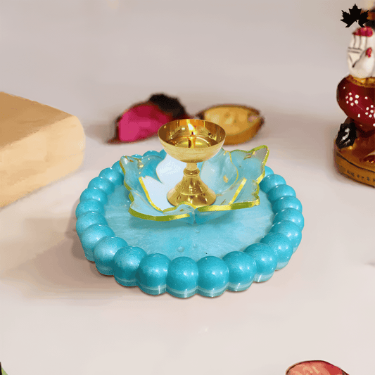 Diwali Decorative Diya Set with Brass Diya & Blue Floral Base | Fankaarlok - Fankaarlok