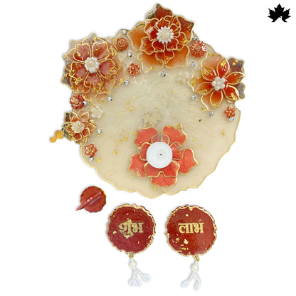Grand Floral Harmony Combo Set: Pooja Thali, Shubh Laabh, Diya &amp; Ganesh Idol - Fankaarlok