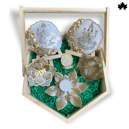Celestial Harmony Pooja Set – Ganesh-Laxmi Plates, Shubh Laabh, Diya Holder in a Decorative Tray - Fankaarlok