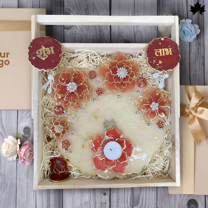 Grand Floral Harmony Combo Set: Pooja Thali, Shubh Laabh, Diya &amp; Ganesh Idol - Fankaarlok