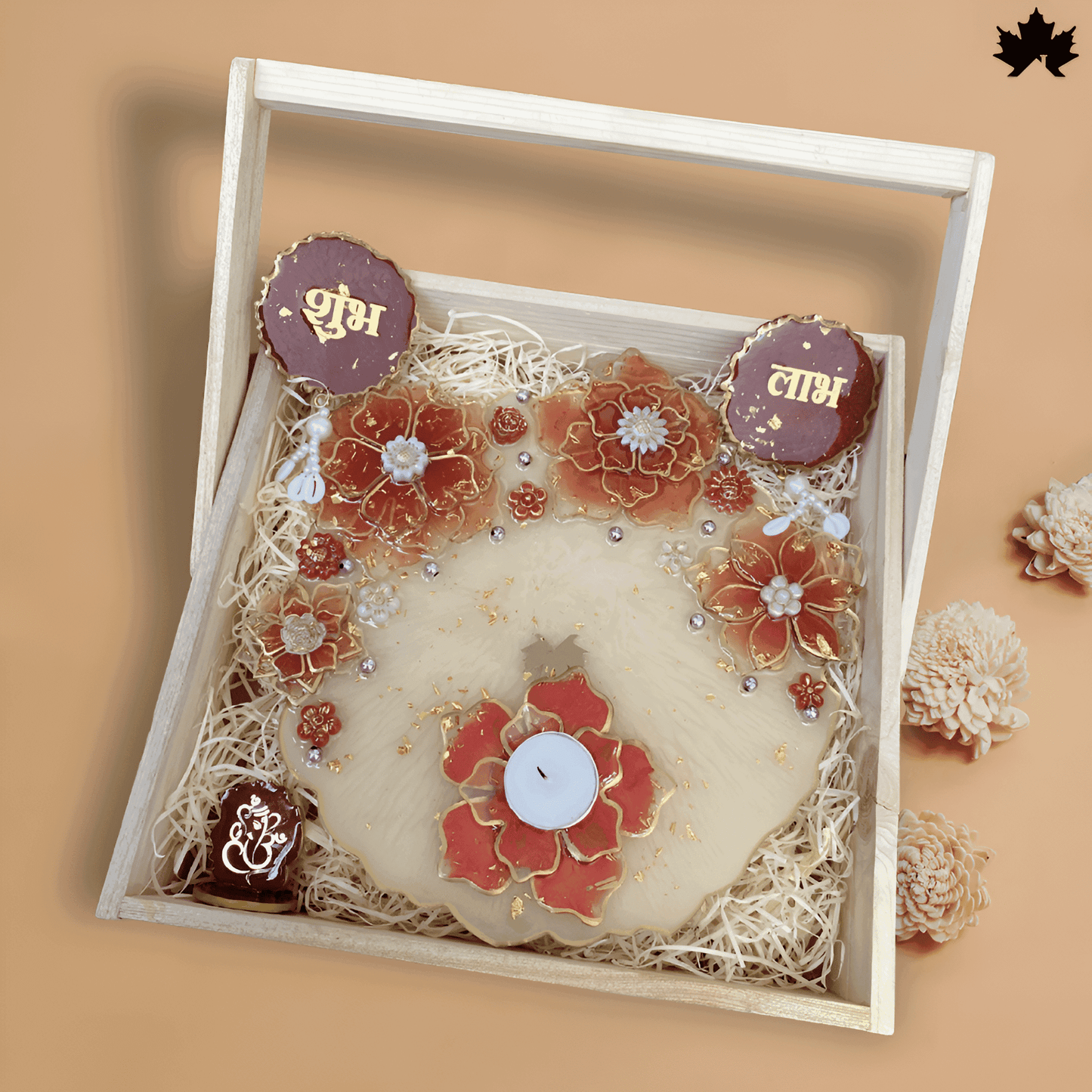 Grand Floral Harmony Combo Set: Pooja Thali, Shubh Laabh, Diya &amp; Ganesh Idol - Fankaarlok