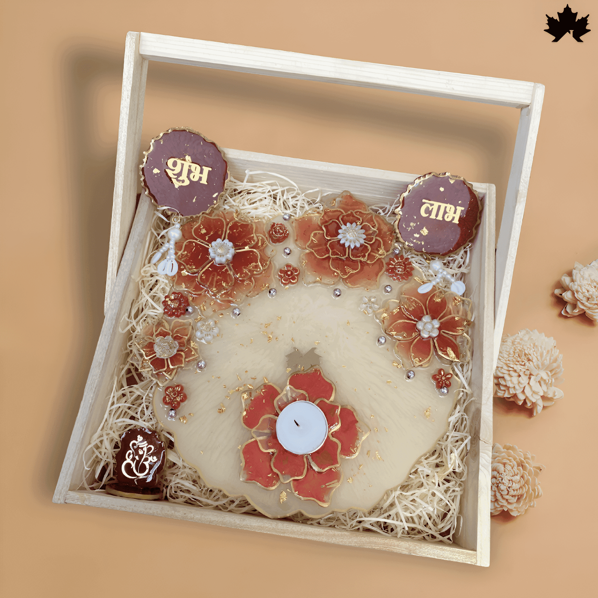 Grand Floral Harmony Combo Set: Pooja Thali, Shubh Laabh, Diya &amp; Ganesh Idol - Fankaarlok