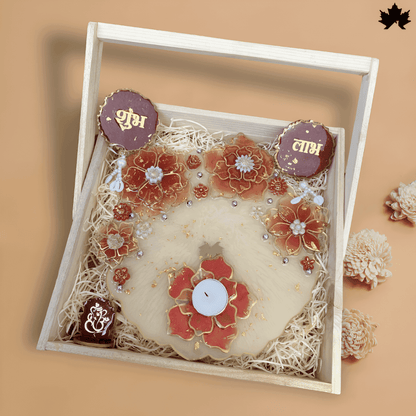 Grand Floral Harmony Combo Set: Pooja Thali, Shubh Laabh, Diya &amp; Ganesh Idol - Fankaarlok