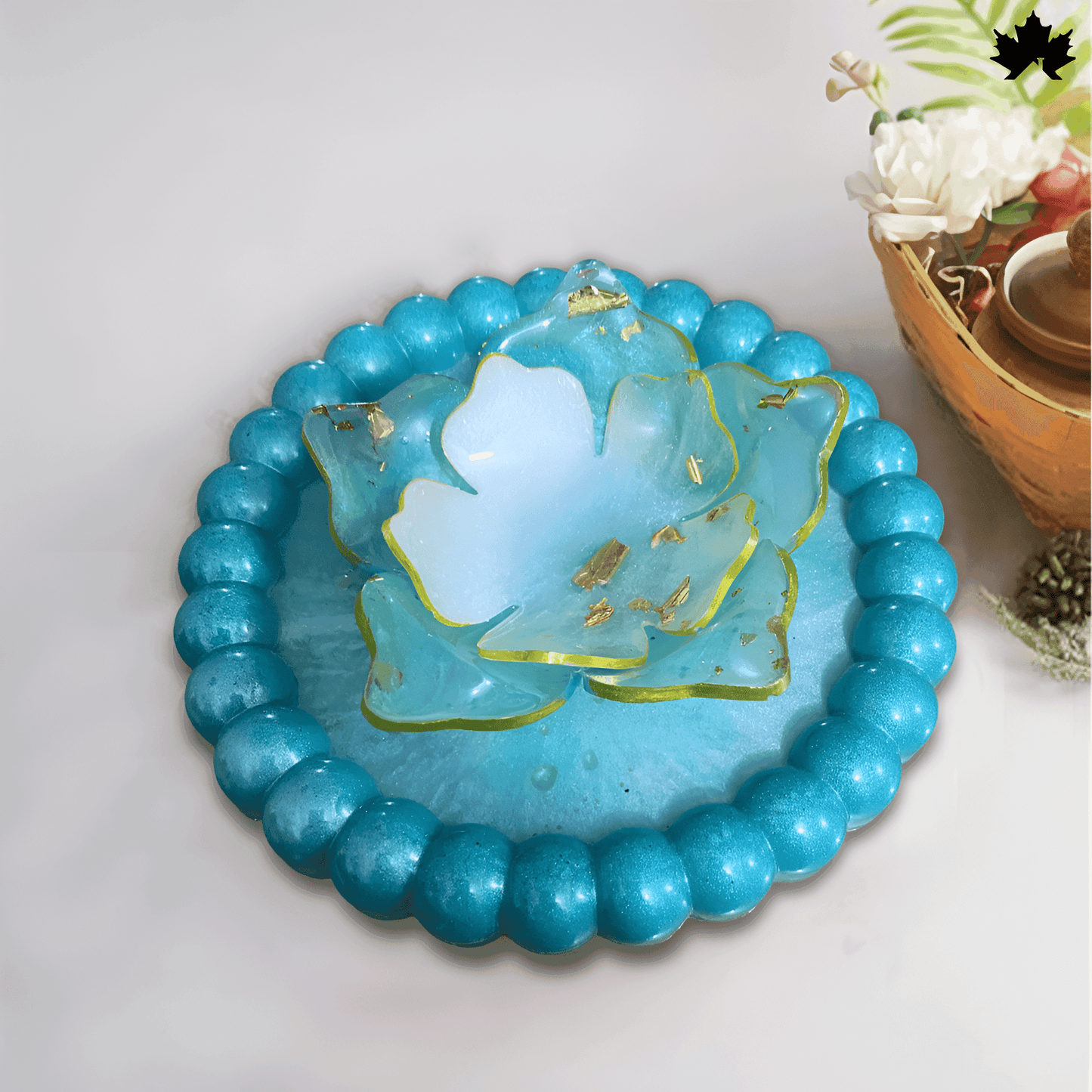 Diwali Decorative Diya Set with Brass Diya & Blue Floral Base | Fankaarlok - Fankaarlok