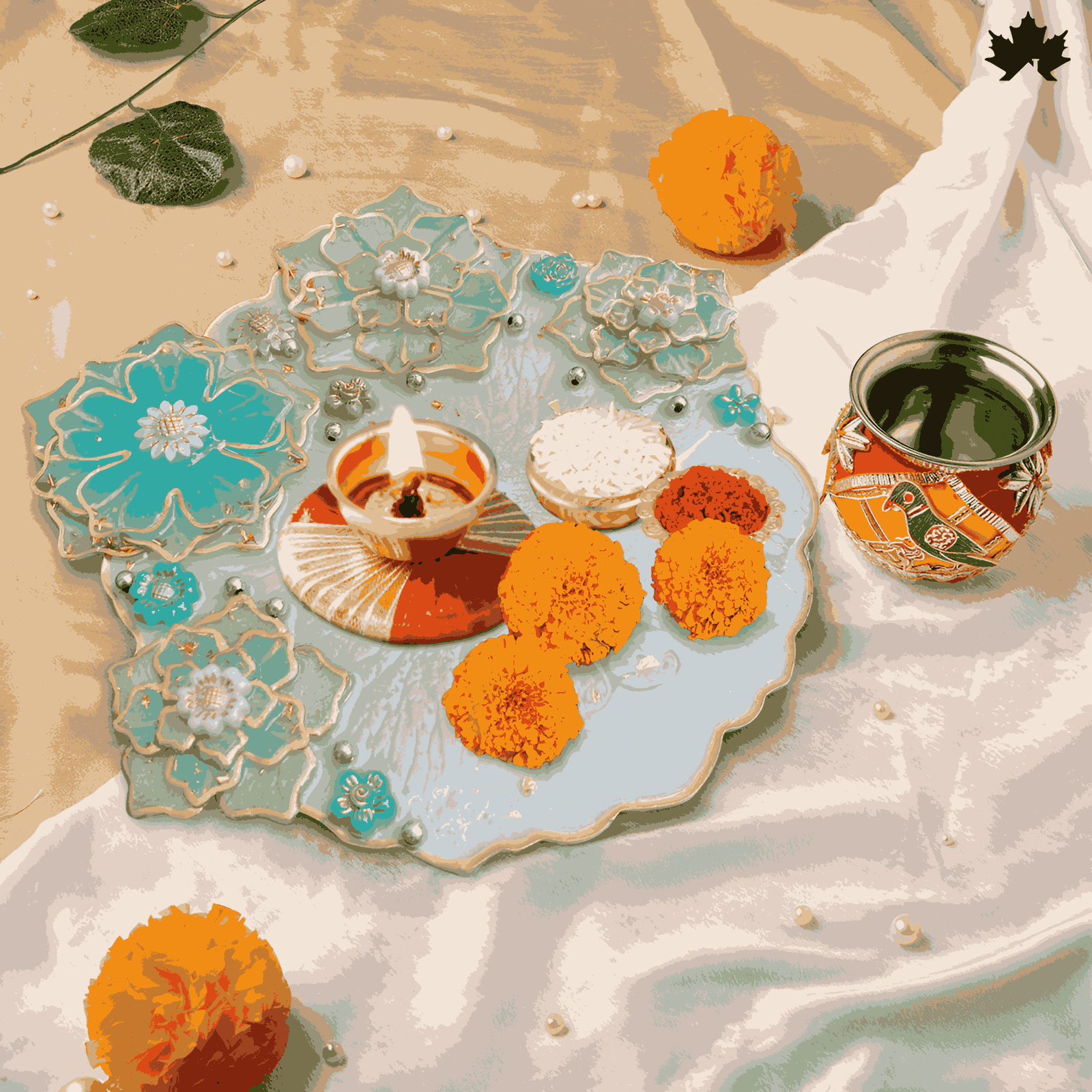Aqua Bloom Unique Pooja Thali Design with Handcrafted Floral Art | Fankaarlok - Fankaarlok