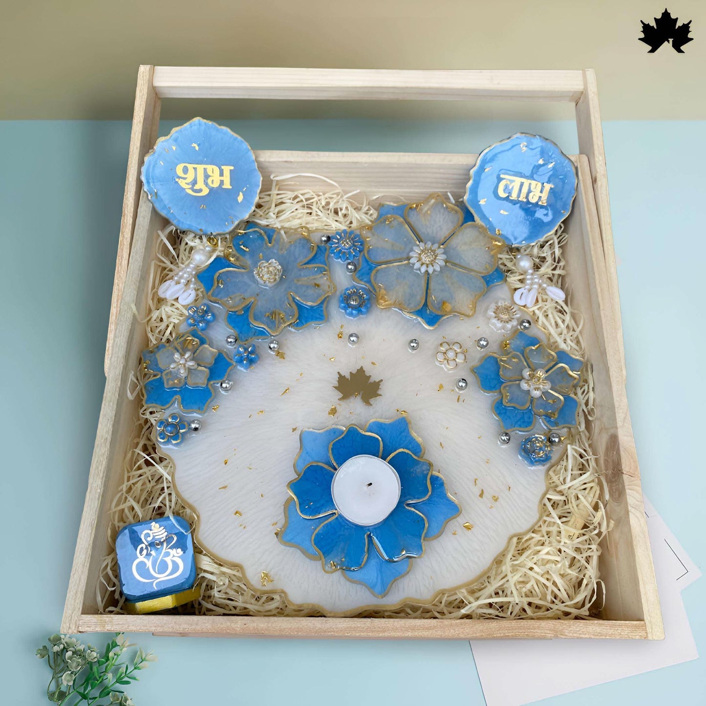 Diwali Pooja Thali Gift Set | Decorative Thali with Shubh Laabh, Diya Holder & Ganesha Idol - Fankaarlok