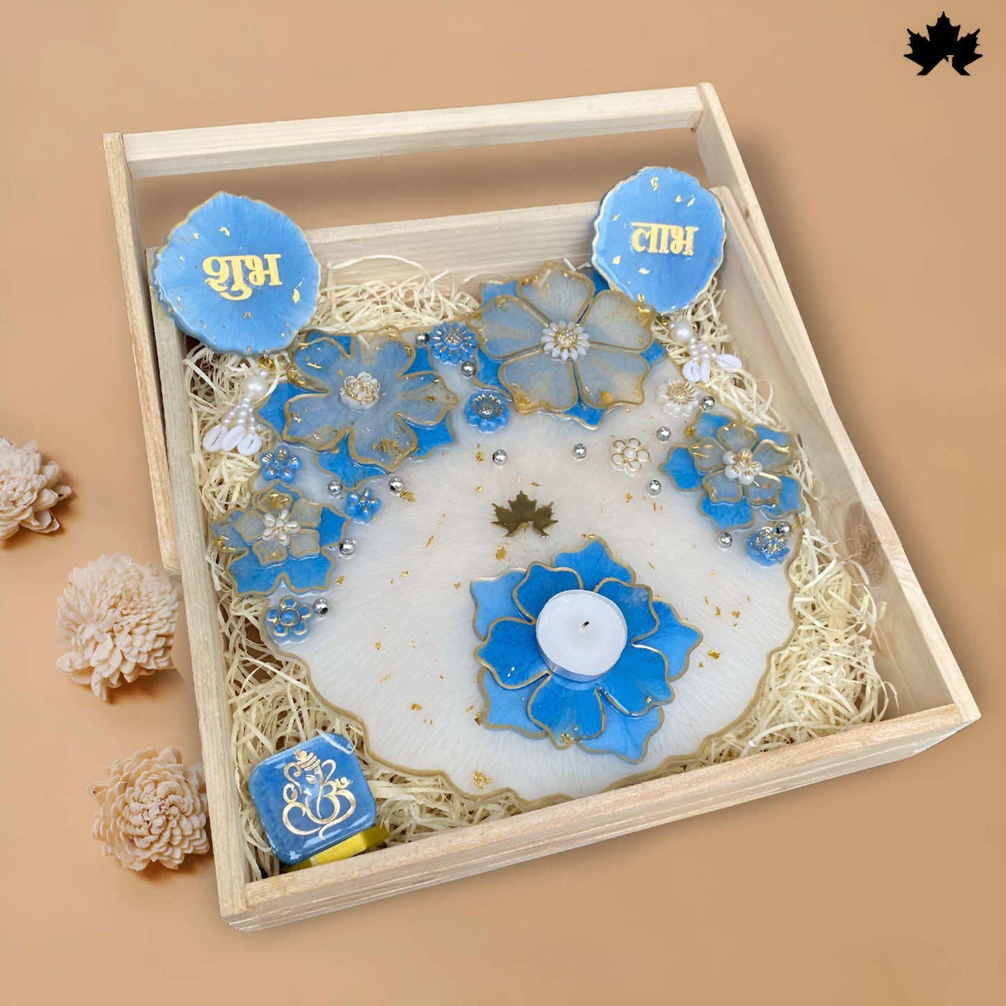 Diwali Pooja Thali Gift Set | Decorative Thali with Shubh Laabh, Diya Holder & Ganesha Idol - Fankaarlok