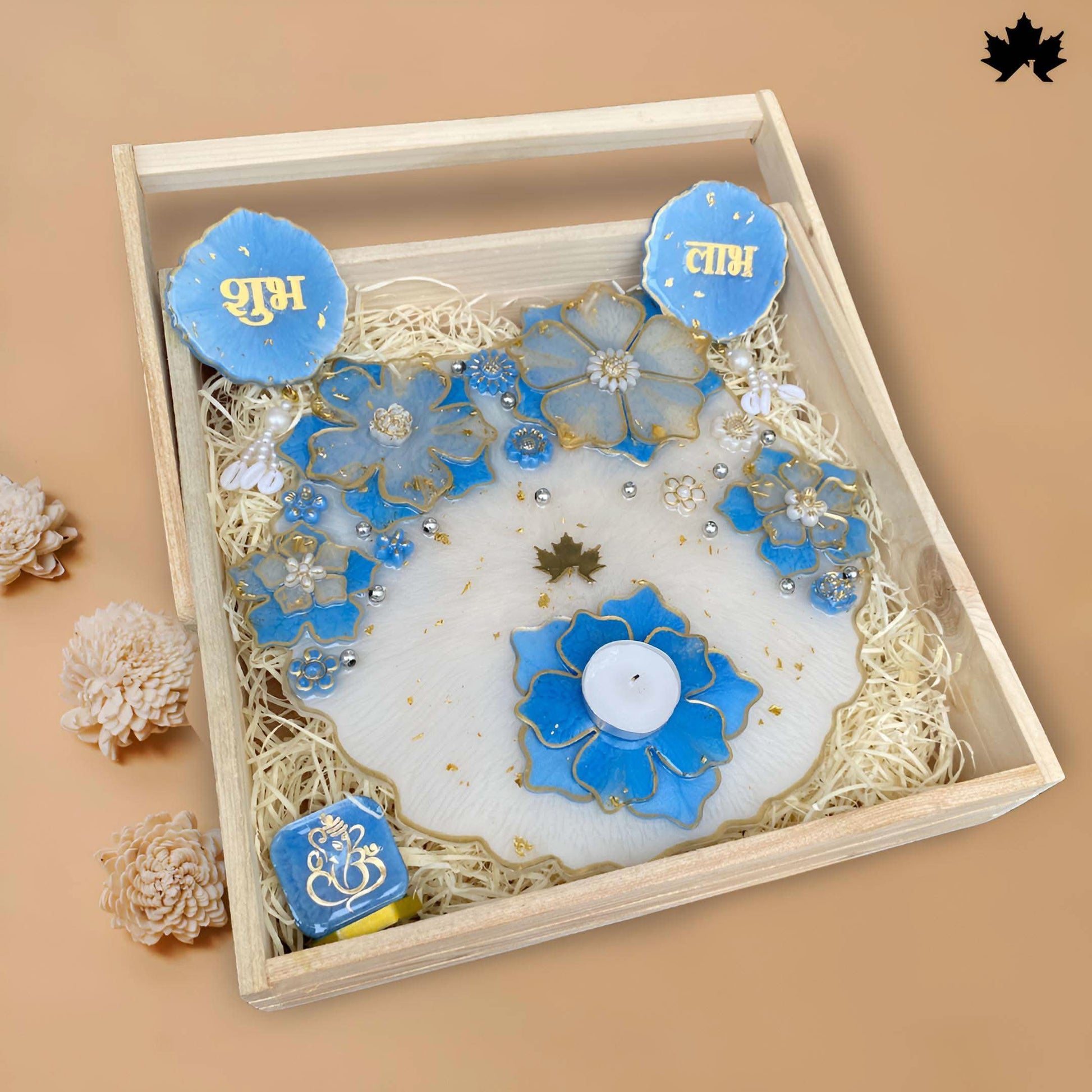 Diwali Pooja Thali Gift Set | Decorative Thali with Shubh Laabh, Diya Holder & Ganesha Idol - Fankaarlok