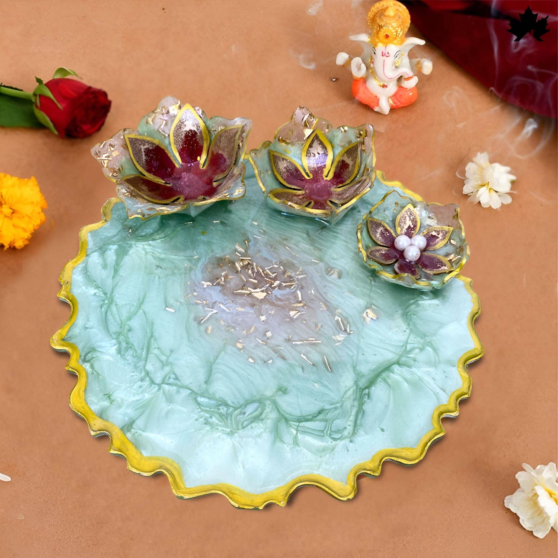 Emerald Lotus Charm – Modern Pooja Thali Designs | Fankaarlok - Fankaarlok