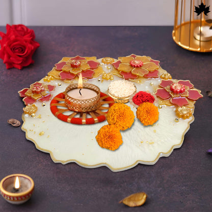 Floral Grace Designer Pooja Thali with Decorative Detailing | Fankaarlok - Fankaarlok