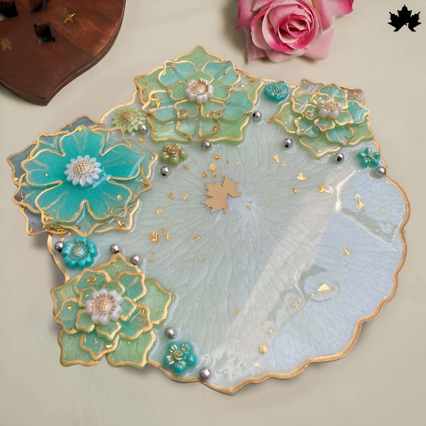 Aqua Bloom Unique Pooja Thali Design with Handcrafted Floral Art | Fankaarlok - Fankaarlok