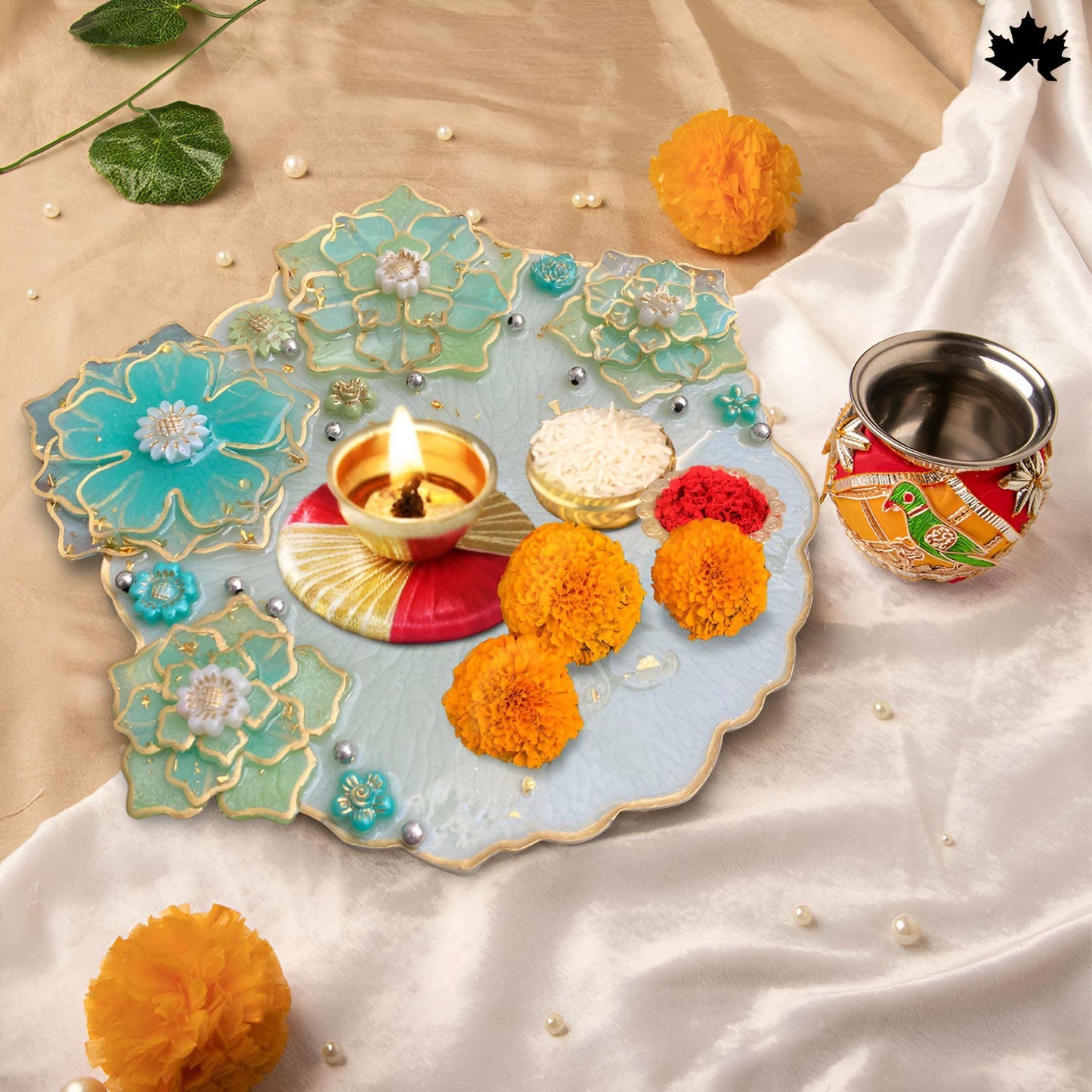 Aqua Bloom Unique Pooja Thali Design with Handcrafted Floral Art | Fankaarlok - Fankaarlok
