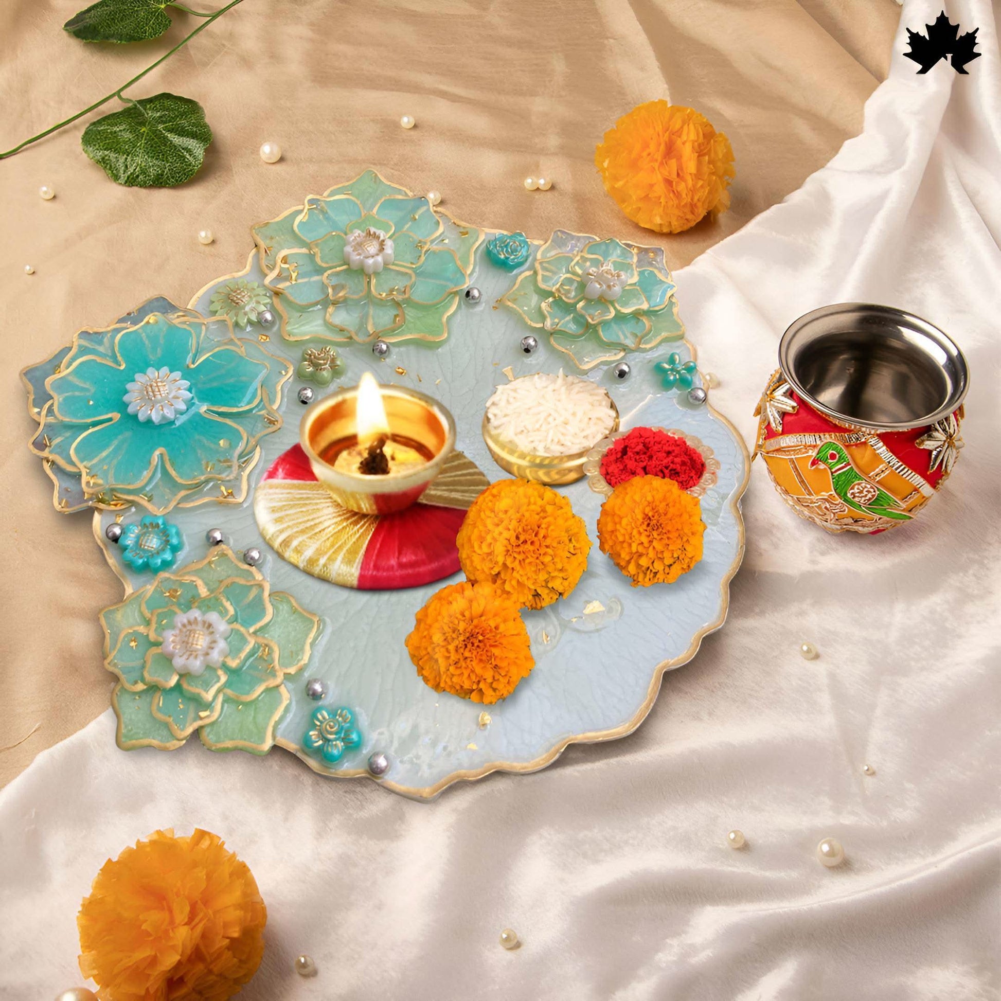 Aqua Bloom Unique Pooja Thali Design with Handcrafted Floral Art | Fankaarlok - Fankaarlok