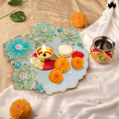 Aqua Bloom Unique Pooja Thali Design with Handcrafted Floral Art | Fankaarlok - Fankaarlok