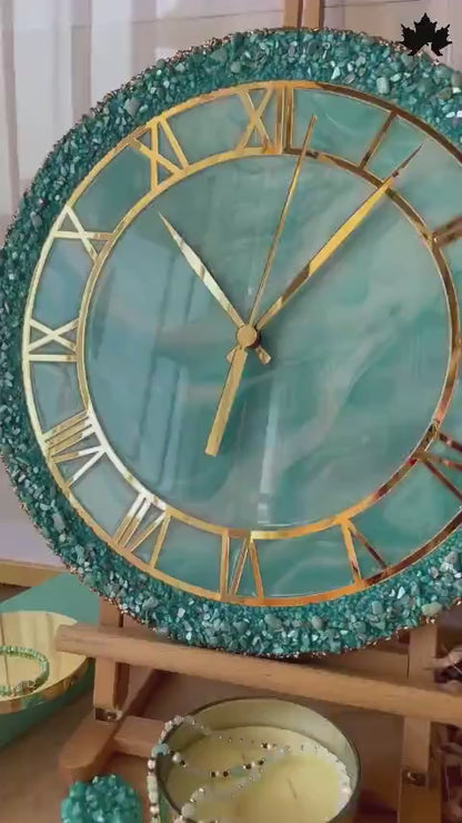 Aqua Gemstone Resin Art Clock – Roman Design | Luxury Wall Clock by Fankaarlok