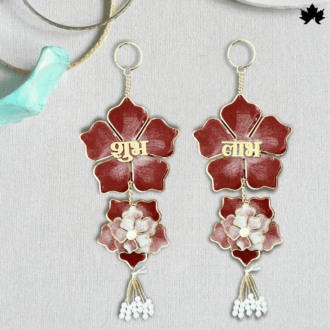 Handmade Shubh Labh for Pooja Room with Red Floral & Pearl Design | Fankaarlok - Fankaarlok