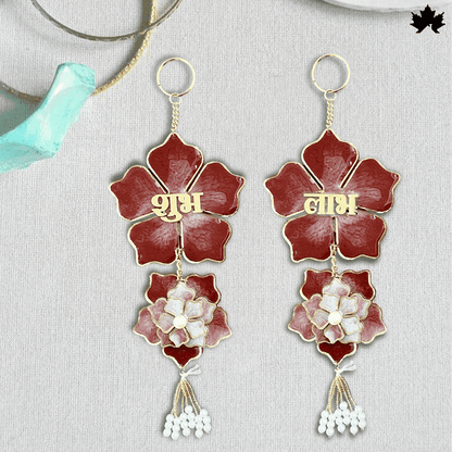 Handmade Shubh Labh for Pooja Room with Red Floral & Pearl Design | Fankaarlok - Fankaarlok