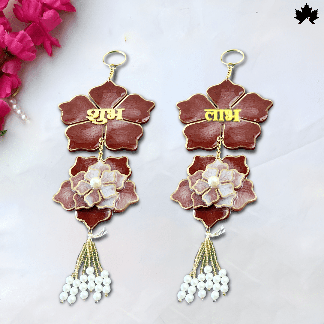 Handmade Shubh Labh for Pooja Room with Red Floral & Pearl Design | Fankaarlok - Fankaarlok