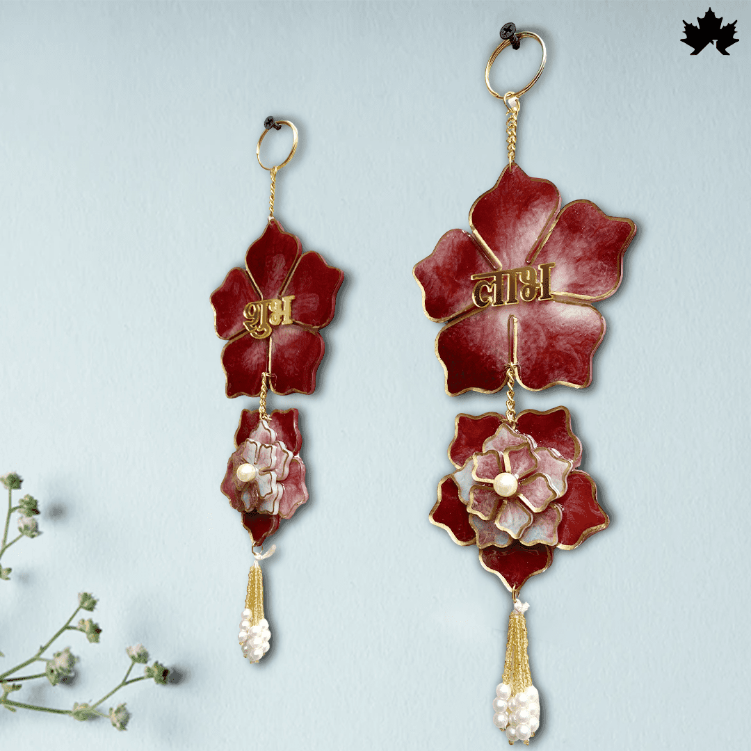 Handmade Shubh Labh for Pooja Room with Red Floral & Pearl Design | Fankaarlok - Fankaarlok