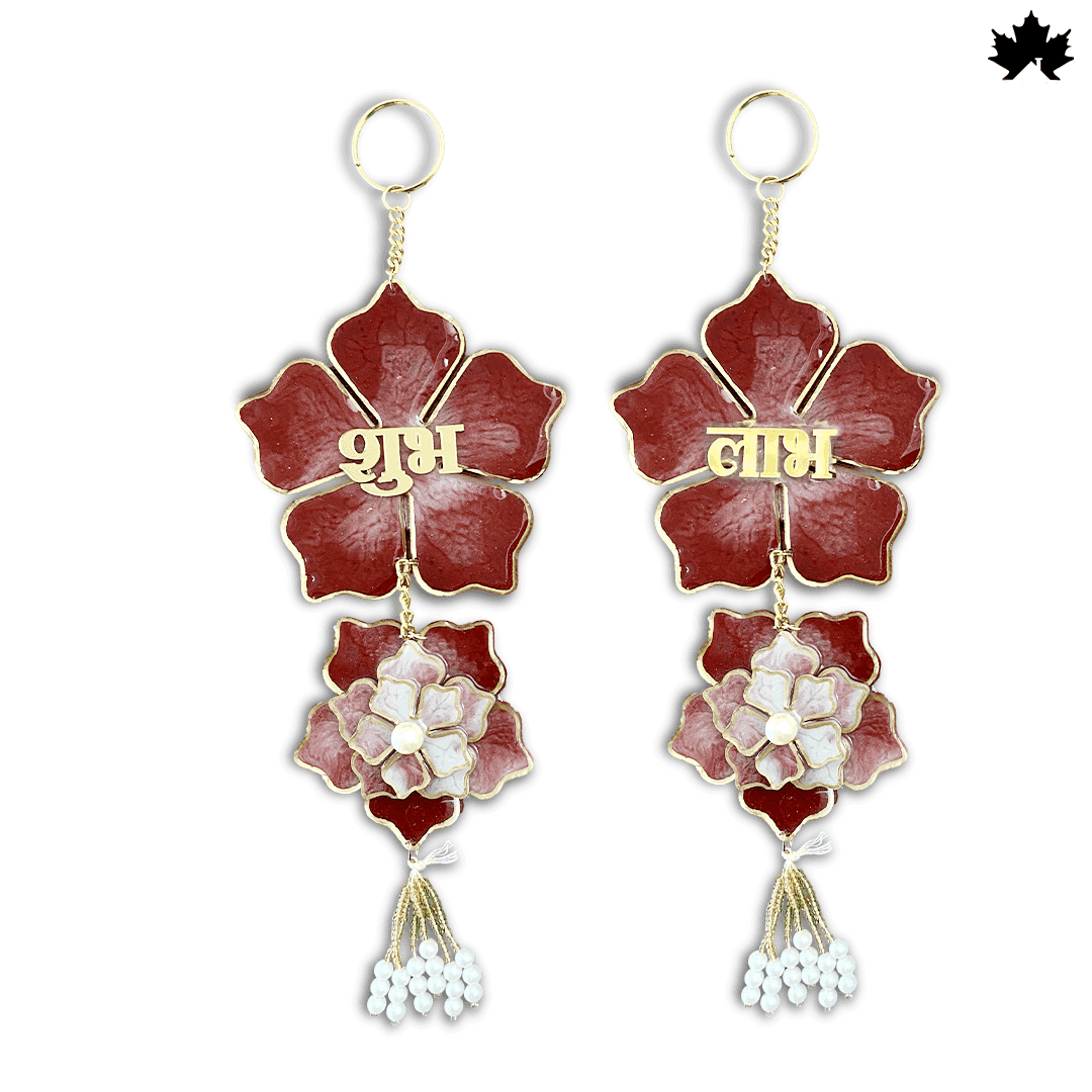 Handmade Shubh Labh for Pooja Room with Red Floral & Pearl Design | Fankaarlok - Fankaarlok