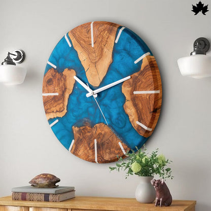 Blue Epoxy Art with Natural Wood | Unique Wooden Wall Clock Design by Fankaarlok