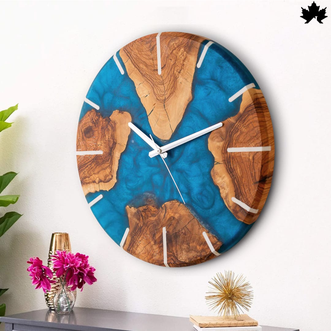Blue Epoxy Art with Natural Wood | Unique Wooden Wall Clock Design by Fankaarlok