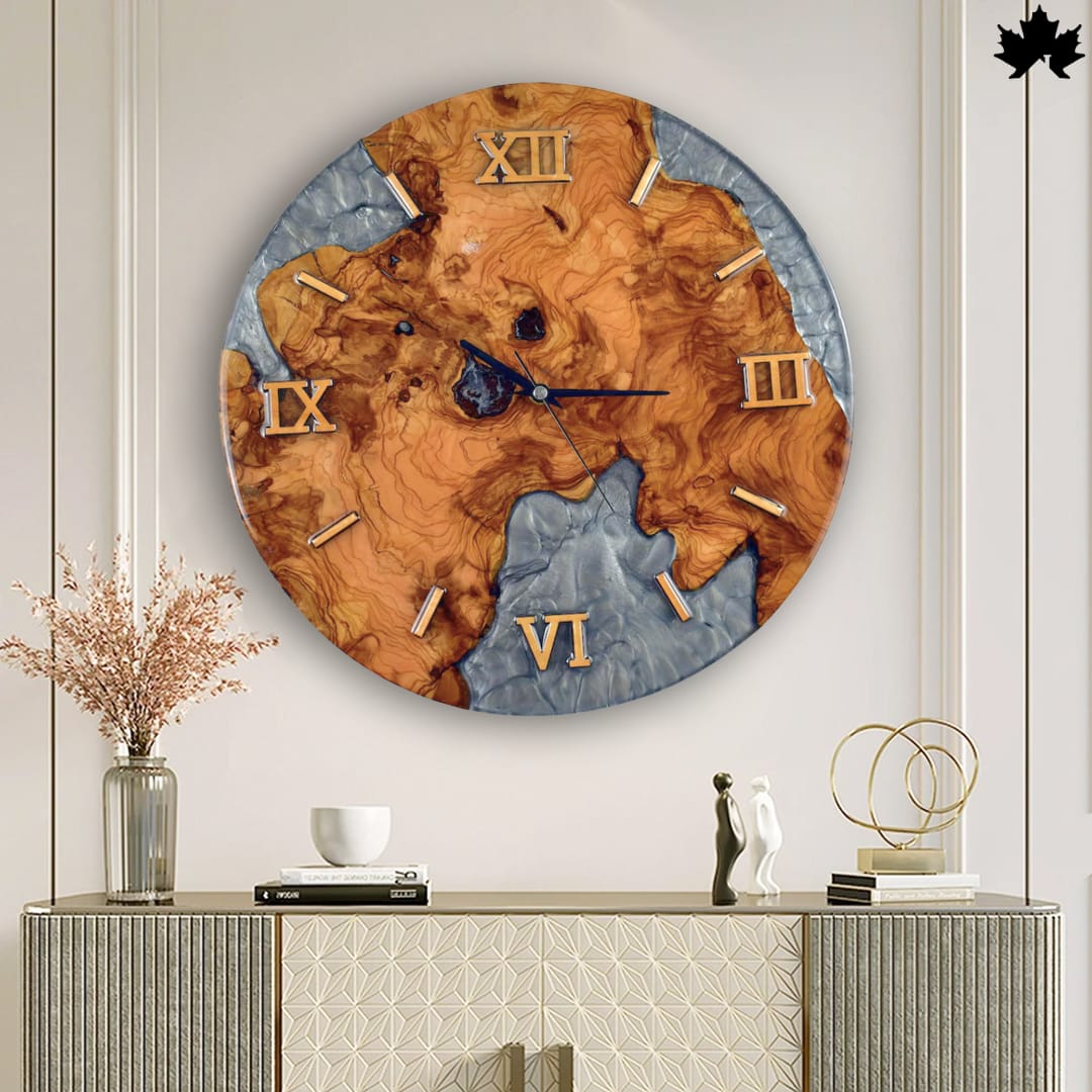 Grey Epoxy Marble Design | Wooden Clock for Living Room by Fankaarlok