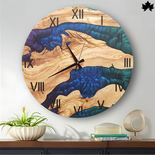 Blue & Teal Epoxy River Design | Big Wooden Wall Clock by Fankaarlok