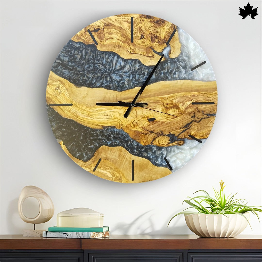 Black & Pearl Epoxy River Design | Handcrafted Wooden Clocks by Fankaarlok