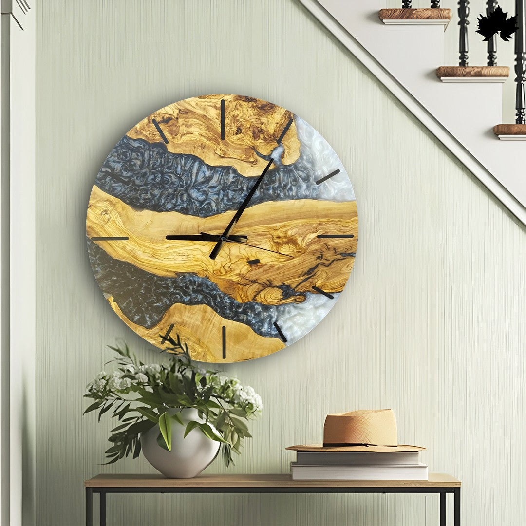 Black & Pearl Epoxy River Design | Handcrafted Wooden Clocks by Fankaarlok