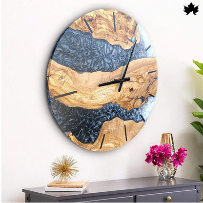 Black & Pearl Epoxy River Design | Handcrafted Wooden Clocks by Fankaarlok