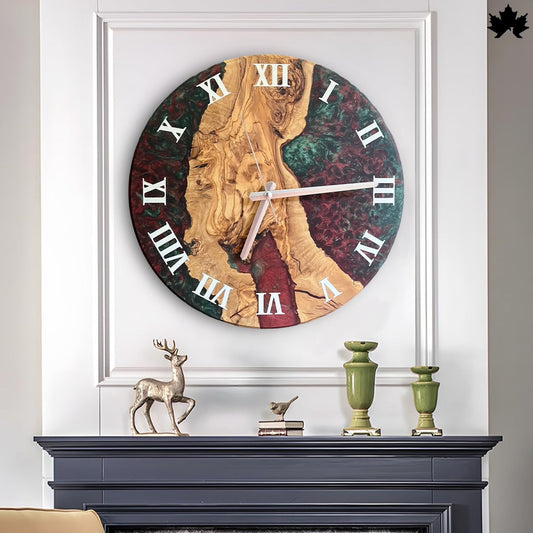 Green & Maroon Epoxy Design | Wooden Resin Art Clocks by Fankaarlok