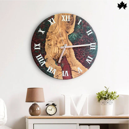 Green & Maroon Epoxy Design | Wooden Resin Art Clocks by Fankaarlok