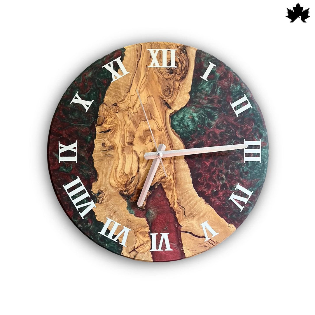Green & Maroon Epoxy Design | Wooden Resin Art Clocks by Fankaarlok