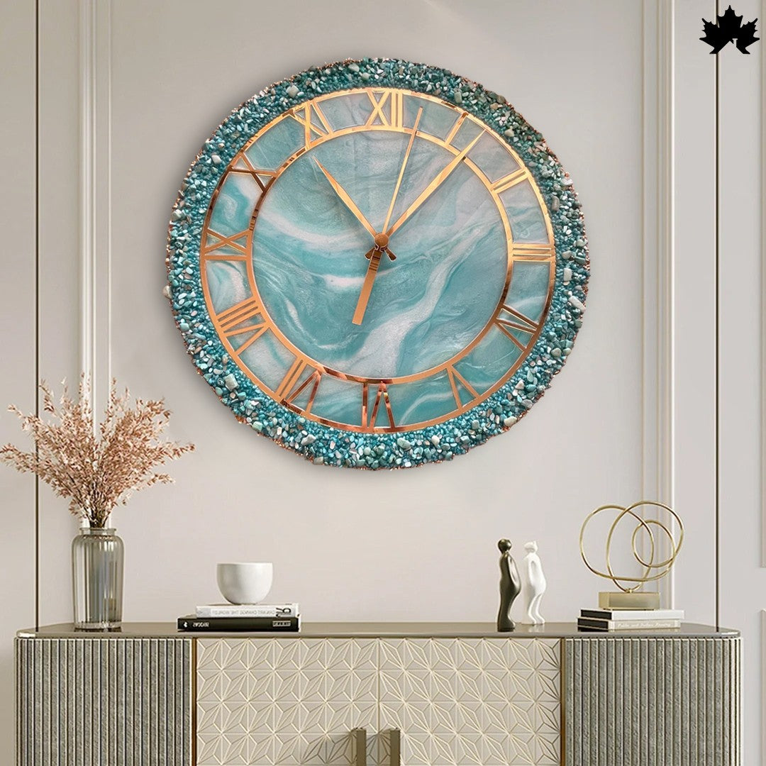 Aqua Gemstone Resin Art Clock – Roman Design | Luxury Wall Clock by Fankaarlok