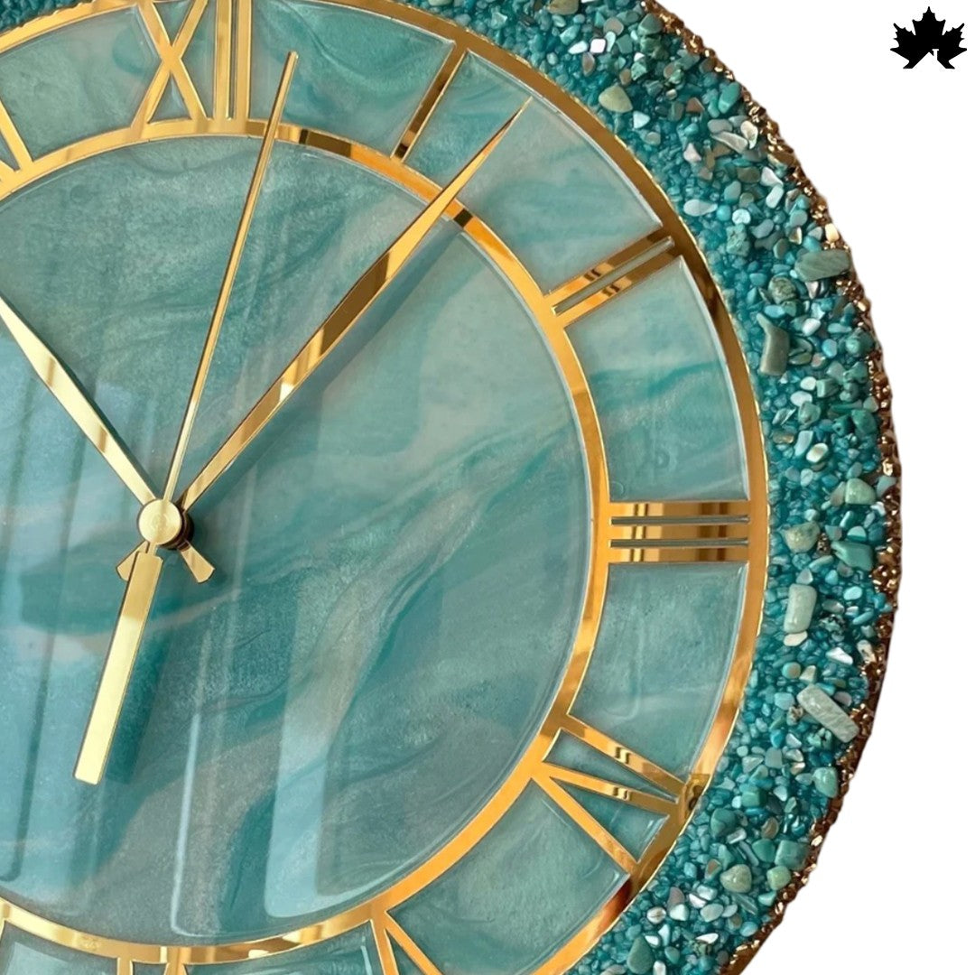 Aqua Gemstone Resin Art Clock – Roman Design | Luxury Wall Clock by Fankaarlok