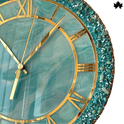 Aqua Gemstone Resin Art Clock – Roman Design | Luxury Wall Clock by Fankaarlok