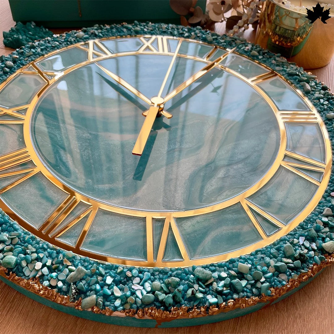 Aqua Gemstone Resin Art Clock – Roman Design | Luxury Wall Clock by Fankaarlok