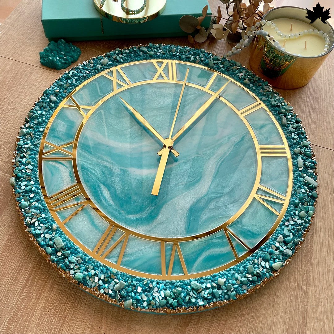 Aqua Gemstone Resin Art Clock – Roman Design | Luxury Wall Clock by Fankaarlok